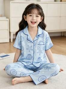 SHEIN Genkimix Kids 2件組青少年女孩可愛睡衣，貝殼與海星印花淡藍色睡衣，短袖缺口領上衣與長褲，夏季居家穿著，柔軟舒適 - 彩色 - 查看 5