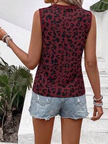 EMERY ROSE Fashionable Casual Vintage Burgundy Base With Black Leopard Print Pattern Round Neck Regular Women Tank Top - Multicolor - View 2
