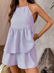 Cévolie Women's Cute Blue And White Stripe 2 Pieces Set,Summer Holiday Vacation Holiday,Spaghetti Strap Layered Backless Camisole Top & Elastic Waist Shorts - Purple - View 4