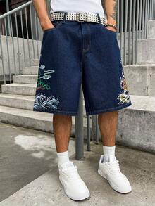 GALLERY FADE Celana Pendek Denim Biru Bordir Longgar Kasual Pria, untuk Liburan - Dark Wash - View 4