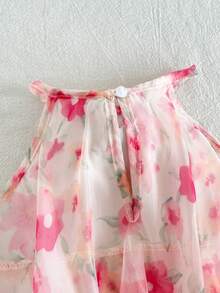 Cozy Pixies Baby Girl Summer Elegant Floral Print 3D Flower Decor Multi-Layer Halter Neck Dress - Pink - View 4