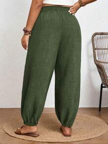 SHEIN Frenchy Summer Vacation Women's Tropical Print Knot Front High Waisted Long Pants - Green - View 4