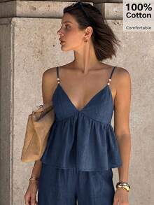 Siren Gaze Women's Solid Color Beaded Decor Camisole & Casual Pants 2 Pieces Set - Navy Blue - View 5