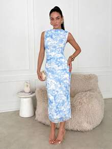 Lavishia Tropical Print Sleeveless Pleated Romantic Elegant Fitted Dress - Baby Blue - View 5