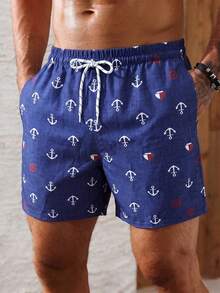 Manfinity KASUA Men's Navy Anchor Print Beach Shorts, Drawstring Elastic Waist Loose Fit Swim Trunks, Suitable For Beach Vacation/Pool Leisure - Navy Blue - View 4