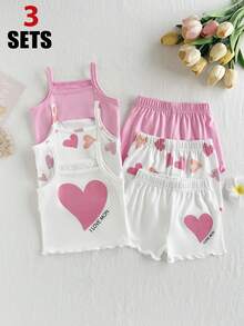 SHEIN 3 bộ đồ mùa hè dễ thương cho bé gái, áo hai dây camisole in hình trái tim hồng trắng & quần short, bộ quần áo đi biển nghỉ dưỡng thoáng khí cho trẻ sơ sinh và trẻ chập chững - Hồng - Xem 2
