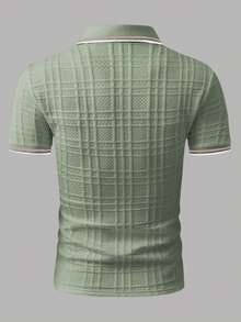 EGENSIO Men's Casual Daily/Office Commute Textured Fabric Contrast Striped Trim Short Sleeve Polo Shirt, Summer - Green - View 2