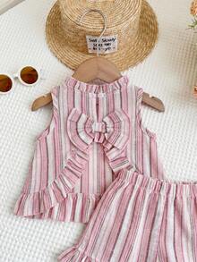 LMoss Kids Set de 2 piezas de chaleco y pantalones cortos de punto de unicolor con cuello redondo y ribete de volantes para bebé niña - Multicolor - Ver 5