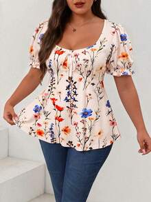 SHEIN Clasi 大尺碼女款夏季娃娃洋裝 T-shirt，短澎袖、繫帶胸前設計、花卉印花 - 彩色 - 查看 4