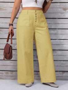 EMERY ROSE Plus Size Women's Solid Color Button Dual Pocket Loose Casual Denim Jeans Formal Light Yellow Summer - Yellow - View 7