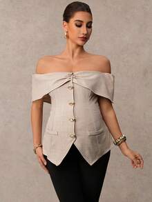 MaterniChic A Maternity Blouse With Metal Button Embellishments, A Slit Hem, And Off-The-Shoulder Design, In Apricot Color, Perfect For An Elegant Summer Look. - Khaki - View 7