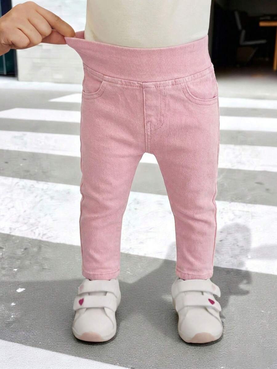 SHEIN 女婴休闲百搭粉色牛仔裤 - 粉色 - 查看 1