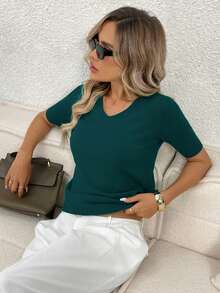 Easowa Blusa de punto de cuello en V sólido para otoño/invierno - Verde - Ver 4