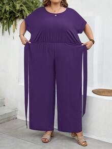 SHEIN CURVE+ 大尺碼 US22 音樂節、海邊度假、波希米亞風女款優雅圓領修身寬腿連身褲 - 紫色 - 查看 3