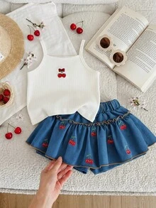 Elladie kids 2件套女婴可爱樱桃条纹针织吊带背心+刺绣双层牛仔短裤，适合休闲、旅行、度假夏季穿搭 - 白色 - 查看 2