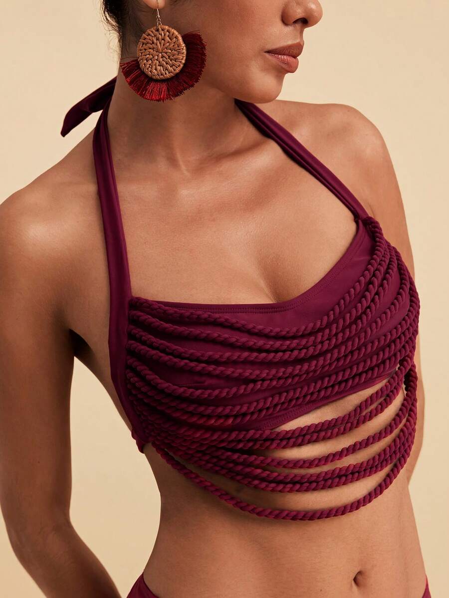 Travachic Conjunto de bikini sexy de verano para playa con cuello halter y lazo para mujer - Rojo - Ver 1