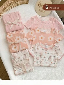 6pcs/Set Baby Girl Cute Cartoon Bear & Floral Print Ruffle Trim Round Neck Short Sleeve Pants Casual Comfy Knitted Pajamas Set - Pink - View 2
