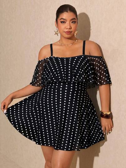 Elaquor Plus Size Polka Dot Print Ruffle Trim Casual Short Sleeve Swimsuit Dress