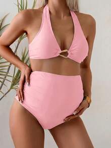 Swim Vcay Pregnant Women's Summer Vacation Beach Metal Ring Detail Halter Bikini Set - Pink - View 3
