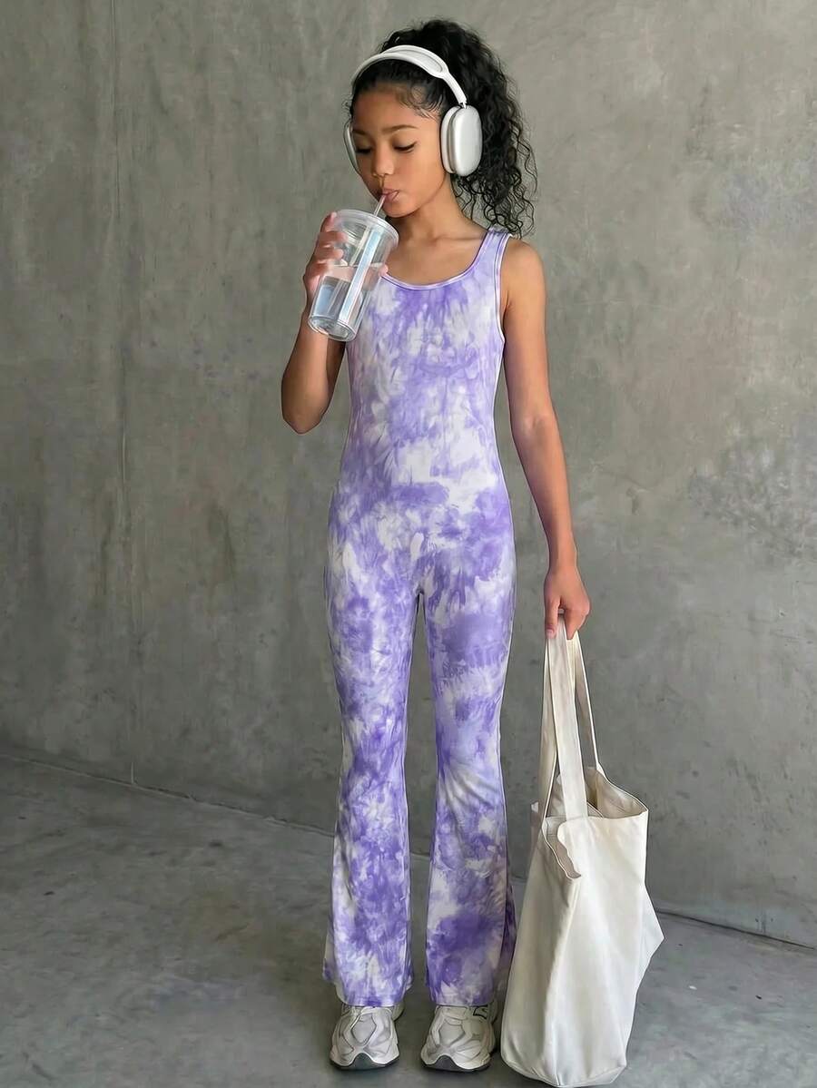 SHEIN Tween Girl Tie-Dye Print Crew Neck Backless Jumpsuit - Multicolor - View 1