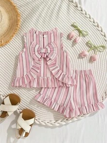 LMoss Kids Set de 2 piezas de chaleco y pantalones cortos de punto de unicolor con cuello redondo y ribete de volantes para bebé niña - Multicolor - Ver 2