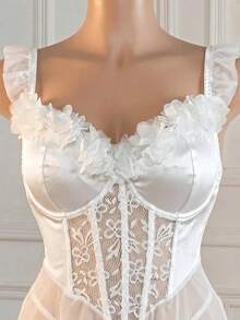 Crystal Vow Plus Size Bridal Series Sheer Mesh Patchwork Satin Contrast Lace Floral Decor Underwire Supportive Lingerie Dress With G-String 2pcs Set - White - View 10