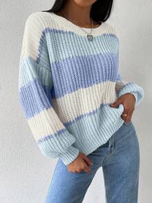 SHEIN Colorblock Rib-Knit Drop Shoulder Sweater,Long Sleeve Tops Knit Pullover Fall Winter Sweater - Baby Blue - View 3