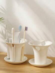 Cirelle 1pc Simple Ceramic Toothbrush Holder, Multi-Purpose Bathroom Organizer, Elegant White Countertop Caddy For Toothpaste, Razors & Accessories, Minimalist Vanity Storage Cup, Ideal Gift For Home Decor & Housewarming, Keeps Toiletries Neat - White - View 11