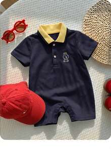 Baby Boy Cute Collegiate Style Knit Yellow Cartoon Pattern Lapel Romper - Multicolor - View 2