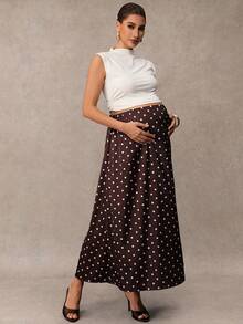 MaterniChic Maternity Bottoms Autumn Pregnant Versatile Polka Dot Print Adjustable Waist Maxi Skirt Baby Shower Fall Elegant - Brown - View 4