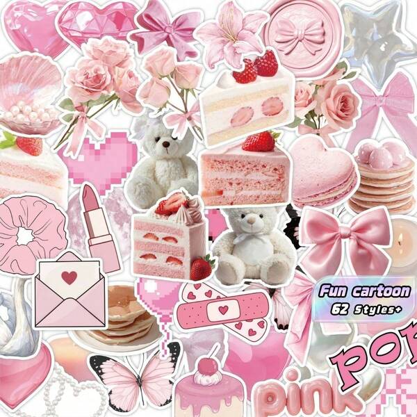 62pcs/Set Pink Aesthetic Cartoon Bowknot Stickers, Funny Decorative Decals For Laptop Water Bottle Luggage Notebook Guitar Phone Stationery Sticker