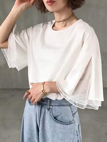 FRIFUL Women's Summer Solid Color Round Neck Short Sleeve Mesh Patchwork Sheer T-Shirt - White - View 2