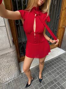 MainGRL Đầm mini chữ A hở lưng bằng chiffon màu đỏ thắt nơ dành cho nữ, thích hợp cho kỳ nghỉ, đi biển, dạo phố, hẹn hò gợi cảm, dự tiệc, mùa cưới, mùa tựu trường. - Đỏ - Xem 5