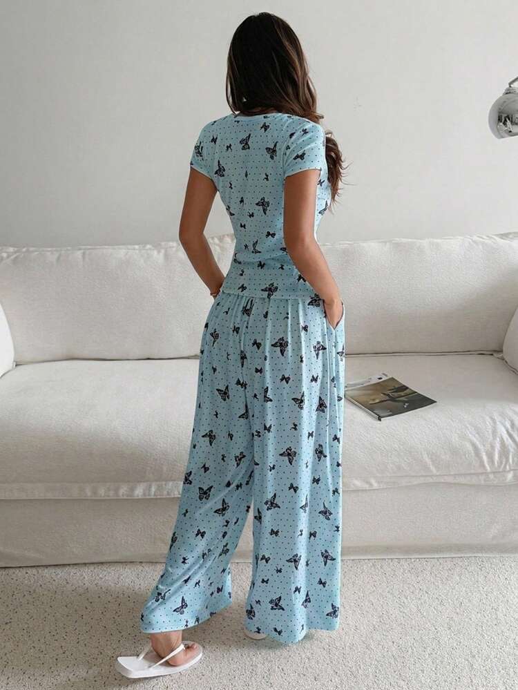 Women's Elegant Butterfly Print Top And Wide Leg Pajama Pants Set, Summer Sleepwear