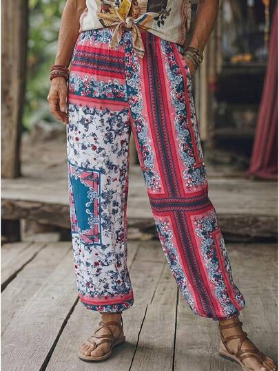 Zayélia Quần jogger nữ kiểu boho in hoa, cạp cao, thun co giãn, dáng rộng, thích hợp mặc đi nghỉ mát.