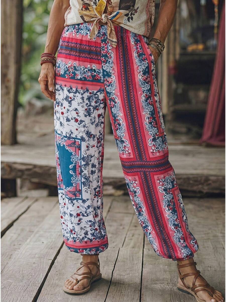 Zayélia Quần jogger nữ kiểu boho in hoa, cạp cao, thun co giãn, dáng rộng, thích hợp mặc đi nghỉ mát. - Nhiều màu - Xem 1