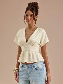 SHEIN BAE Women's Casual Elegant European Sexy Tropical Solid Color Waist Cinched Short Sleeve Top, Summer Vacation Beige - Apricot - View 3