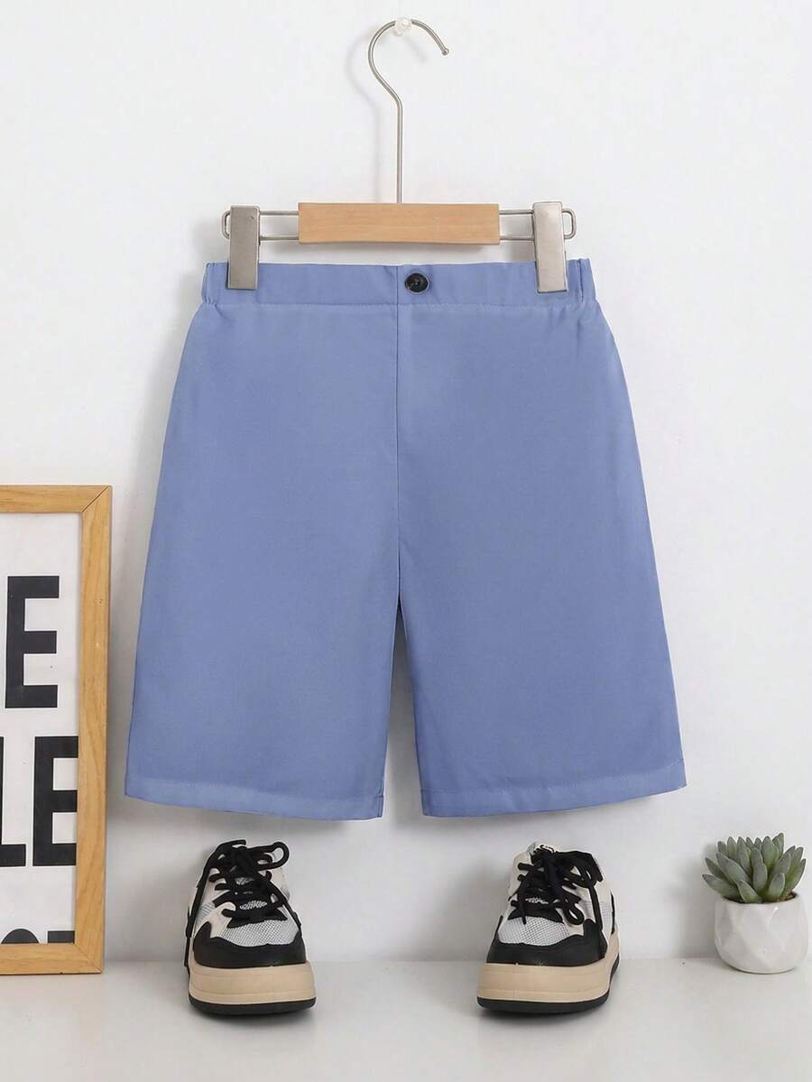 SHEIN Tween Boys' Elastic Waist Decorative Button Front Solid Color Shorts, Summer - Dusty Blue - View 1