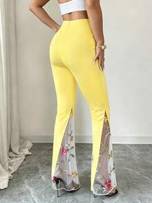 Elenzga Women's Elegant Casual Black Lace Patchwork Leggings, Suitable For Autumn/Winter Party, New Year, Christmas, Valentine's Day, Halloween Casual Outfits - Light Yellow - View 2