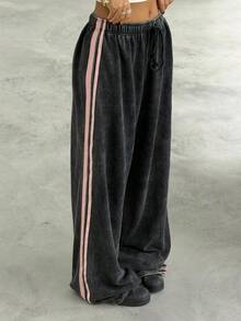 Muchica Women's Drawstring Waist Side Striped Wide Leg Loose Casual Pants - Dark Grey - View 4