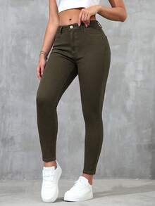 SHEIN Essnce Solid Color Slant Pocket Skinny Casual Everyday Jeans - Army Green - View 5