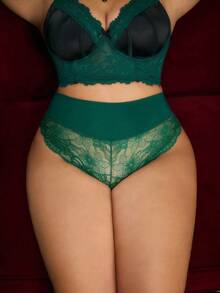 SHEIN Plus Size Women's Lace Transparent Panties - Green - View 6
