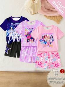 SHEIN 2pcs/Set Young Girl Knitted Camisole Top With Cute Girl Pattern & Shorts, Casual Style - Multicolor - View 5