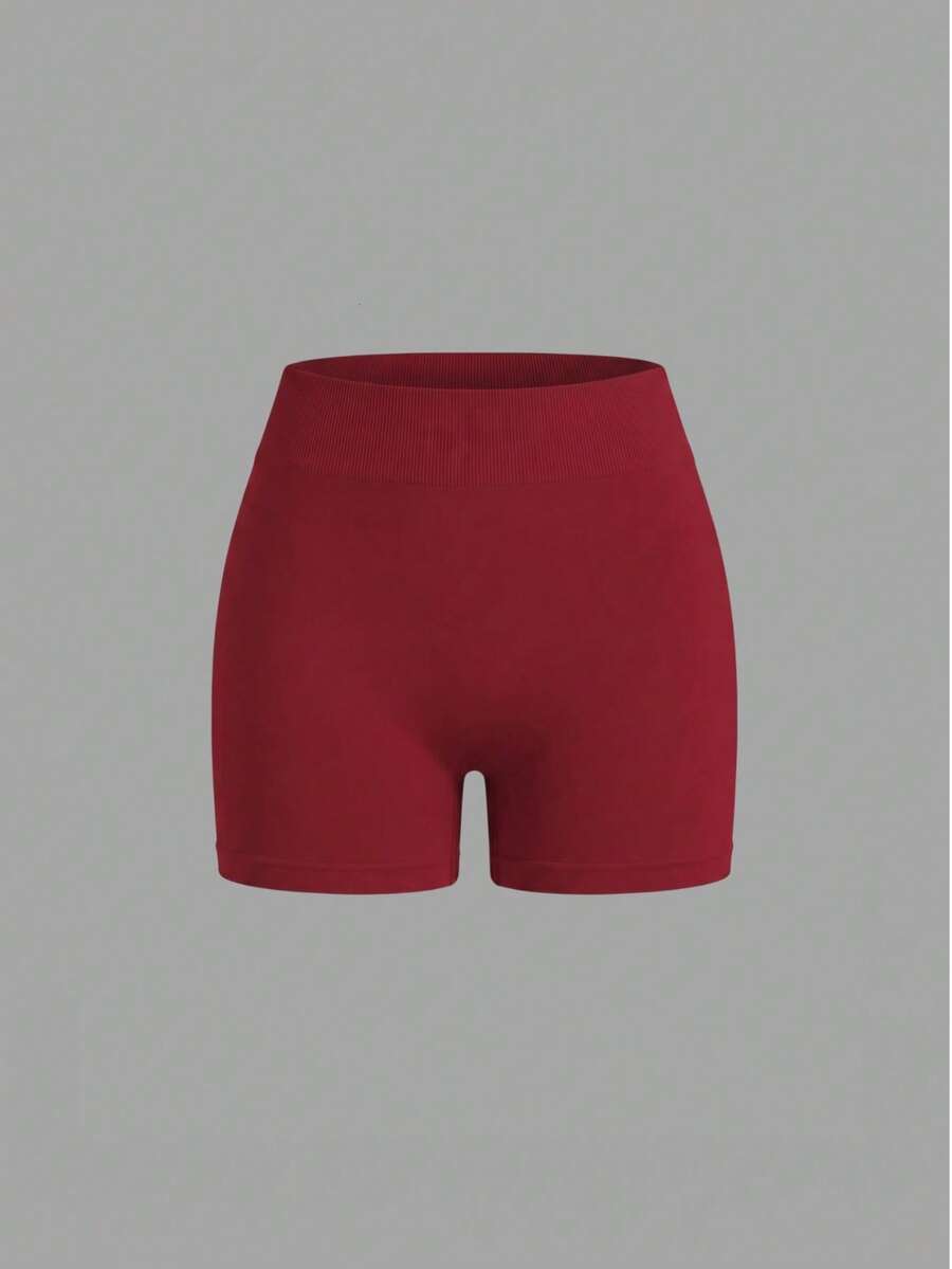 Sweetra Core Rhythm 1pc Red Waistband Sports Shorts, Seamless Knit High Elasticity Comfortable Yoga, Fitness, Outdoor Sports,For Hiking, Trekking, Gym,Summer - Burgundy - View 1