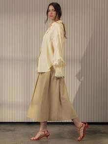 KÆRIA Hus Ciro Button Up Shirt - Viscose Drape, Button Up, Relaxed, Shirt Collar, Long Sleeve, Textured, Tonal Stripe, Relaxed Fit - Butter Yellow Stripe - Yellow - View 3