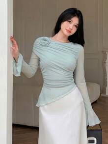 Modelyn Mint Green Mesh Ruffle Floral Decor Elegant T-Shirt Daytime Autumn - Mint Green - View 5