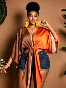 Maweii Blusa holgada de verano con bloqueo de color y cordones para mujer de talla grande, ideal para uso diario y vacaciones - Multicolor - Ver 1