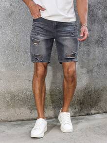 Manfinity LEGND Celana Pendek Denim Pria Ukuran Besar dengan Desain Lusuh, Gaya Streetwear Amerika Grunge, Petualangan, Abu-abu Gelap, Musim Panas, Liburan - Hitam - View 4