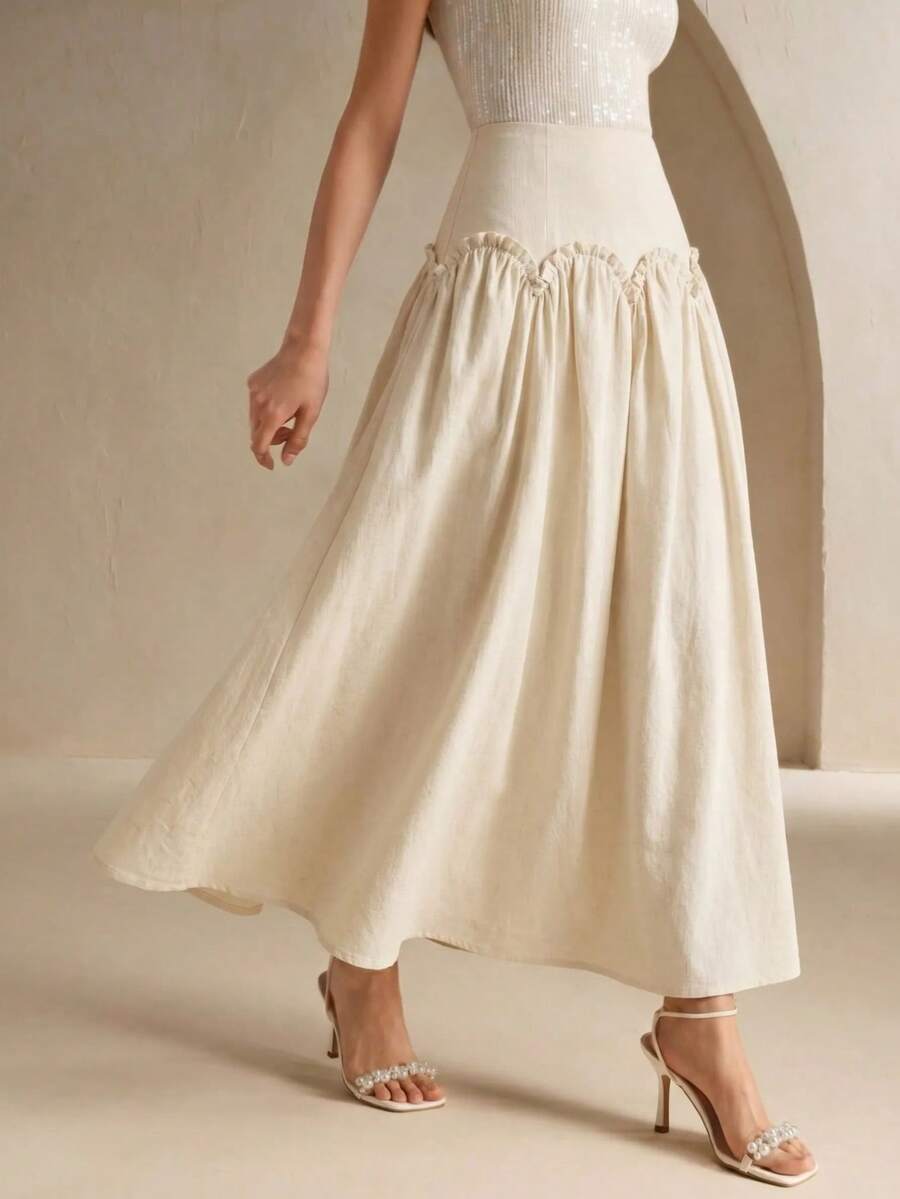Anewsta A-Line High Waist Skirt, Versatile For Spring & Summer - Beige - View 1