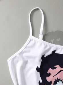 Betty Boop x SHEIN Ensemble de pyjama femme composé d'un débardeur et d'un short imprimé de motifs de dessins animés mignons, pour l'été - Rouge et Blanc - Voir 3